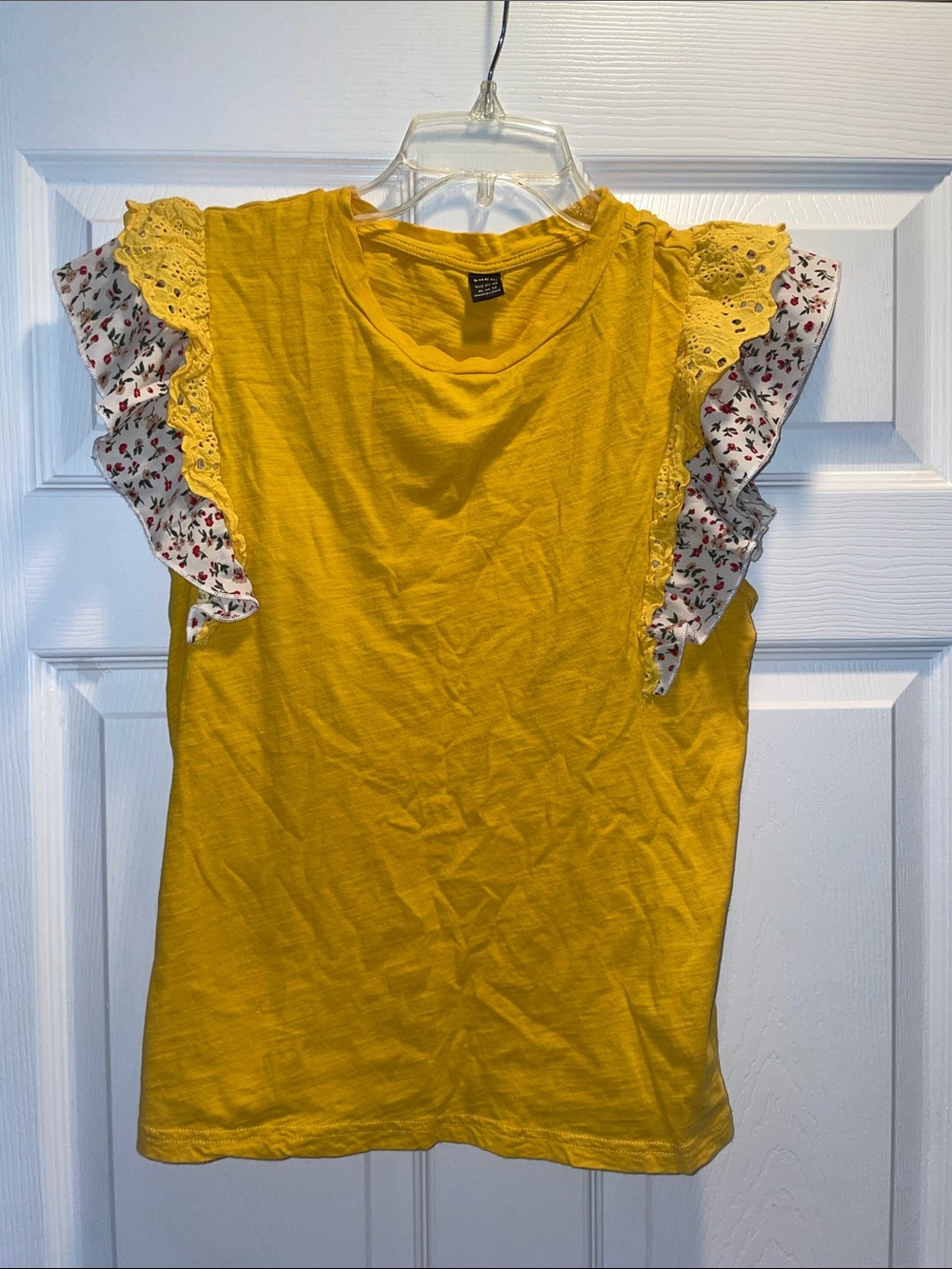 SHEIN Yellow Ruffle Sleeve Tank Top with Floral Trim, inexpensive but cute